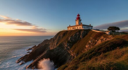 Stunning coastal landscape with lighthouse, cliffs, and ocean at sunrise