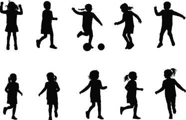 Obraz premium Children, silhouette, play, motion, activity, running, jumping, dancing, soccer, energy, fun, dynamic, posture, movement, black, white, background, youth, sports, interaction