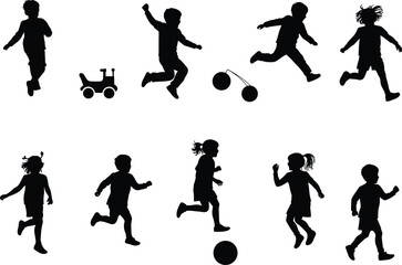 Children, silhouette, play, motion, activity, running, jumping, walking, toys, ball, push toy, energy, fun, dynamic, posture, movement, black, white, background, childhood