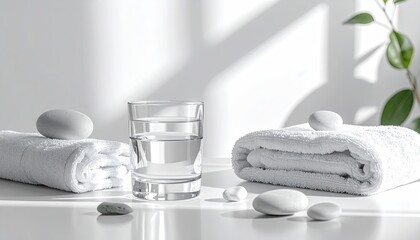 Studio Shot of a Water Glass Between Two Rolled White Towels Adorned with Smooth Gray Stones and a Green Potted Plant in Natural Light