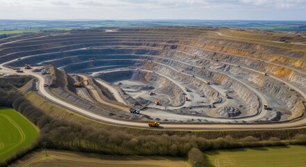 Aerial view of a vast opencast mine, showing layers and heavy machinery