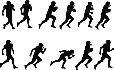 Football, athlete, silhouette, sport, running, motion, helmet, sprint, action, player, ball, dynamic, game, strength, speed, training, American, cleats, movement, performance