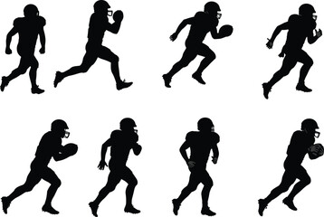 Football, player, silhouette, running, motion, athlete, sport, helmet, ball, cleats, dynamic, action, sprint, speed, posture, training, black, white, movement, play