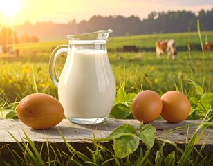 Fresh milk, eggs, and a sunny field with cows creating a pastoral scene