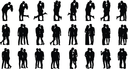 Couple silhouette icon set, romantic poses illustration, hugging kissing holding hands, love and intimacy concept, vector design, black and white grid