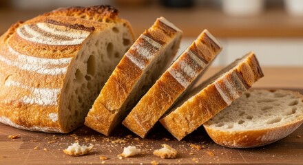 Artisanal Sourdough Loaf with Slices on a Rustic Wooden Cutting Board