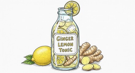 Bottle filled with ginger lemon tonic surrounded by fresh lemon and ginger
