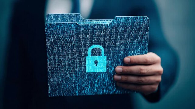 Hand holds a blue folder adorned with binary code  a padlock icon symbolizing data protection