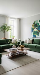 Emerald serenity: Verdant sofas and modern art create a tranquil living area