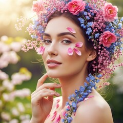 Floral Adorned Beauty: A Captivating Portrait of a Woman in Bloom