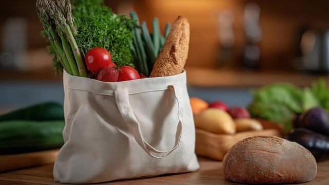 A stylish tote bag filled with fresh groceries including vegetables, herbs, and a loaf of bread, symbolizing healthy eating and sustainable shopping practices in everyday life.