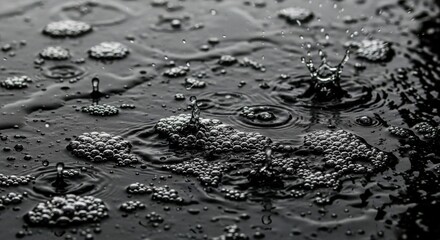 Monochrome rain drops ripple surface creating striking patterns