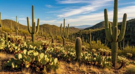 Scenic panorama of the Arizona desert with saguaro cactus at golden hour