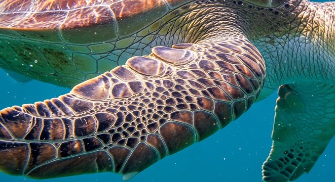 Close-up of a Green Sea Turtle's Shell and Flipper Underwater in Clear Blue Water