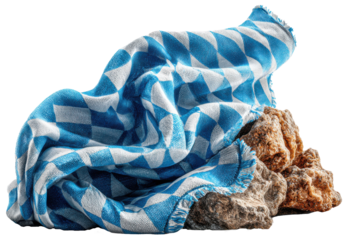A Bavarian flag waving dynamically in the wind, featuring the iconic blue and white diamond pattern, isolated on a transparent background, symbolizing Germany and regional pride.