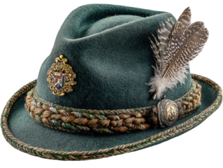 A traditional green Bavarian alpine hat adorned with decorative feathers, isolated on a transparent background, showcasing classic German folk attire, festive culture, and regional craftsmanship.