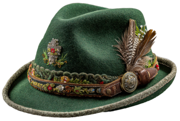 A traditional green Bavarian alpine hat adorned with decorative feathers, isolated on a transparent background, showcasing classic German folk attire, festive culture, and regional craftsmanship.