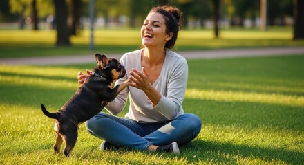 Joyful Interaction: Woman and Her Dog Share a Laugh in the Park