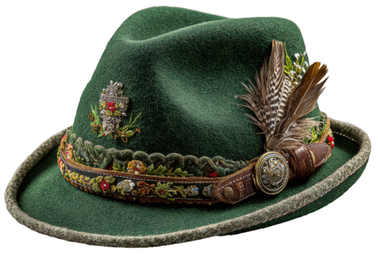 A traditional green Bavarian alpine hat adorned with decorative feathers, isolated on a transparent background, showcasing classic German folk attire, festive culture, and regional craftsmanship.