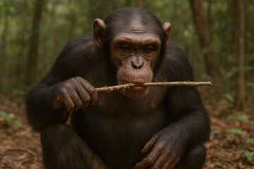 Wild chimpanzee using a stick to extract termite eggs and larvae from a mound, showcasing tool use, feeding behavior, and intelligence in a natural forest setting