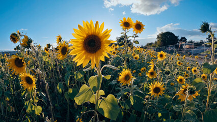 Huge sunflower flower with water drops blooming in spring