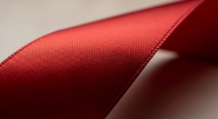 Macro shot of textured vibrant red ribbon showing the intricate weave pattern and subtle shadows for festive designs