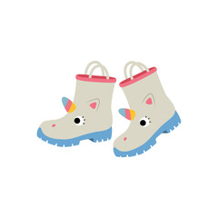 Cute children’s rain boots with unicorn face design. Fun and colorful footwear illustration perfect for kids, autumn outfits, and playful fashion concepts.