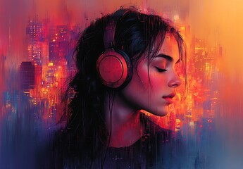 Young woman enjoying music with headphones on, vibrant city lights in the background, an evocative representation of urban soundscapes and personal listening experiences