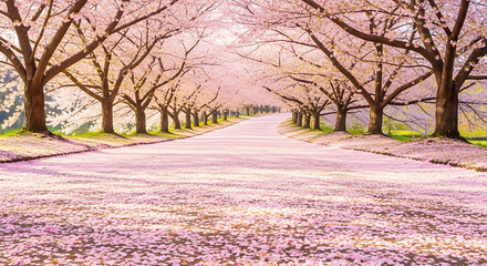 Cherry Blossom Tree Full Bloom with Pathway of Petals