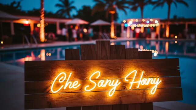 Neon Sign Che Sary Hany at Night by a Swimming Pool with Palm Trees and Lights.