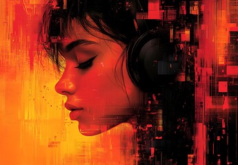 Digital soundscape portrait of a young woman with headphones, immersed in vibrant abstract digital art