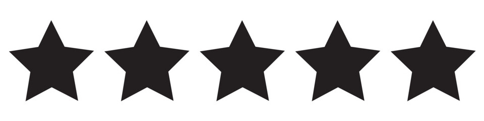 Golden five star rating vector icons set for review feedback, quality evaluation score, achievement badge, success symbol, graphic design element, digital shield, quality mark