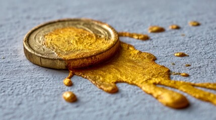 Dripping gold coin on a textured surface creates an artistic display of wealth and creativity