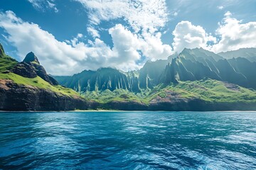 Rugged Coastline View with Dramatic Cliffs, Lush Greenery, and Bright Turquoise Ocean