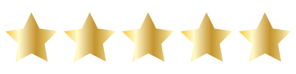 Golden five star rating vector icons set for review feedback, quality evaluation score, achievement badge, success symbol, graphic design element, digital shield, quality mark
