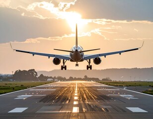 Fototapeta premium Airplane descending towards a runway with the sun setting behind it