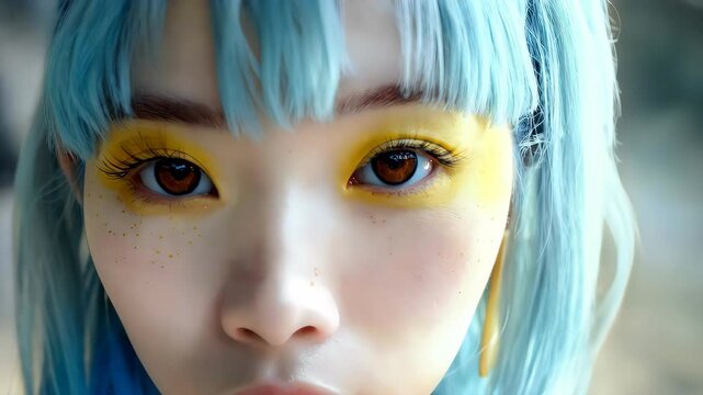 水色の髪の女の子　顔のアップ
