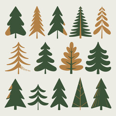 Fototapeta premium Collection of stylized evergreen and pine trees in various designs