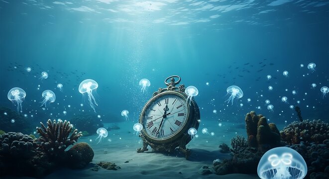 Antique pocket watch submerged underwater surrounded by glowing jellyfish and coral ocean