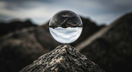 Crystal ball on rocky peak reflecting mountain landscape and sky glass sphere