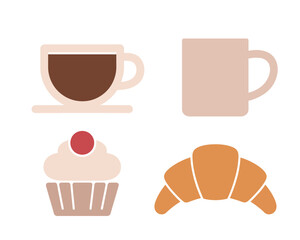 Flat design illustration of coffee cup cupcake and croissant
