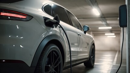 Electric vehicle charging at home garage with cable connecting to residential charging station for clean transportation and sustainable lifestyle eco friendly automobile energy concept.