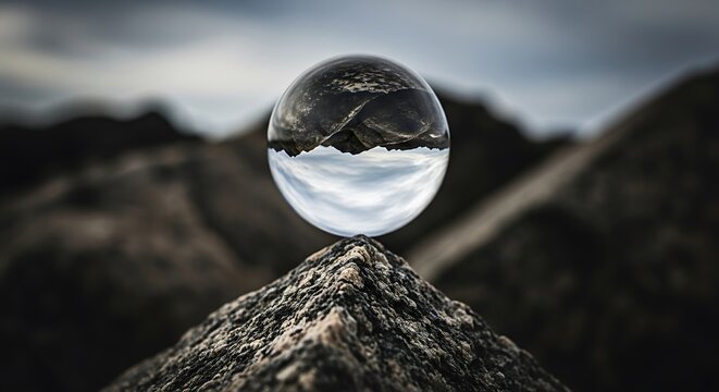 Crystal ball on rocky peak reflecting mountain landscape and sky glass sphere