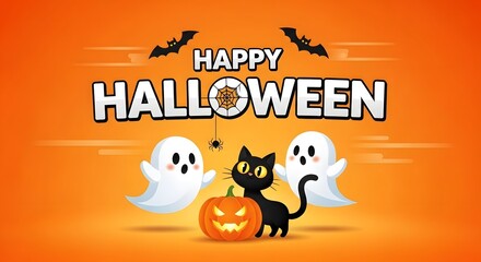 Cute Halloween Banner with Ghosts and Cat