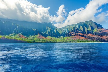 Striated Mountain Meets the Sea Tropical Island Coastline on a Sunny Day