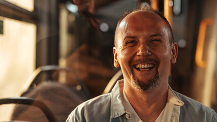Fototapeta premium Portrait of a middle-aged man with a goatee on a bus