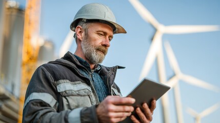 Clean energy project manager coordinating renewable installation and overseeing sustainable construction site for professional project management leadership and green infrastructure development.
