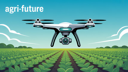 Futuristic Agricultural Drone Over Vibrant Crop Rows with "AGRI-FUTURE" Text in Flat Art Style