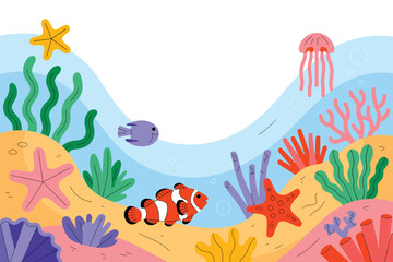 Fototapeta premium Colorful underwater scene with clownfish and starfish