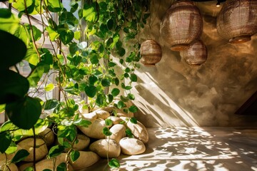 Biophilic design elements with interior designer incorporating natural patterns and organic materials for nature connected spaces and sustainable wellness architecture integration concept.